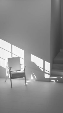 Boş bir sanat stüdyosunun ya da tefekkür odasının minimalist üç boyutlu iç mekanı. Ahşap ve kumaş sandalye güçlü bir öğleden sonra güneşi ve gölgeyle yıkandı. Şövalesi ve merdivenleri olan modern, boş bir oda. Barış, yalnızlık, sanat ve tasarım kavramı.