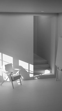Boş bir sanat stüdyosunun ya da tefekkür odasının minimalist üç boyutlu iç mekanı. Ahşap ve kumaş sandalye güçlü bir öğleden sonra güneşi ve gölgeyle yıkandı. Şövalesi ve merdivenleri olan modern, boş bir oda. Barış, yalnızlık, sanat ve tasarım kavramı.