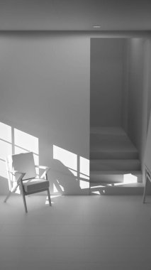 Boş bir sanat stüdyosunun ya da tefekkür odasının minimalist üç boyutlu iç mekanı. Ahşap ve kumaş sandalye güçlü bir öğleden sonra güneşi ve gölgeyle yıkandı. Şövalesi ve merdivenleri olan modern, boş bir oda. Barış, yalnızlık, sanat ve tasarım kavramı.
