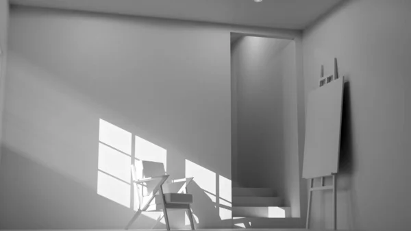 Boş bir sanat stüdyosunun ya da tefekkür odasının minimalist üç boyutlu iç mekanı. Ahşap ve kumaş sandalye güçlü bir öğleden sonra güneşi ve gölgeyle yıkandı. Şövalesi ve merdivenleri olan modern, boş bir oda. Barış, yalnızlık, sanat ve tasarım kavramı.
