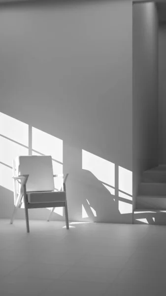 Boş bir sanat stüdyosunun ya da tefekkür odasının minimalist üç boyutlu iç mekanı. Ahşap ve kumaş sandalye güçlü bir öğleden sonra güneşi ve gölgeyle yıkandı. Şövalesi ve merdivenleri olan modern, boş bir oda. Barış, yalnızlık, sanat ve tasarım kavramı.
