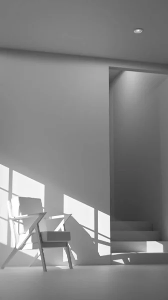Boş bir sanat stüdyosunun ya da tefekkür odasının minimalist üç boyutlu iç mekanı. Ahşap ve kumaş sandalye güçlü bir öğleden sonra güneşi ve gölgeyle yıkandı. Şövalesi ve merdivenleri olan modern, boş bir oda. Barış, yalnızlık, sanat ve tasarım kavramı.