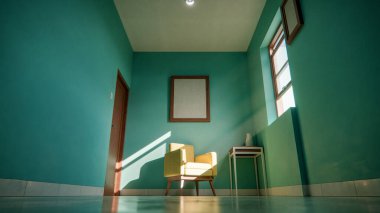 Üç boyutlu güneşli iç döşeme, sarı koltuk ve deniz mavisi duvarlı. Pencere gölgeli minimalist oda, boş çerçeve ve yan masa. Güçlü doğal ışıklandırma ile renkli ev tasarımı kavramı.