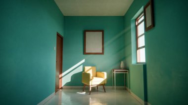 Üç boyutlu güneşli iç döşeme, sarı koltuk ve deniz mavisi duvarlı. Pencere gölgeli minimalist oda, boş çerçeve ve yan masa. Güçlü doğal ışıklandırma ile renkli ev tasarımı kavramı.