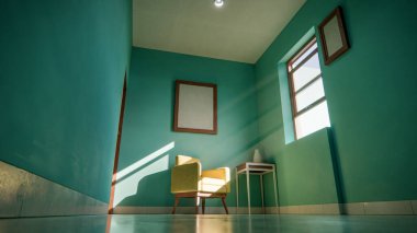 Üç boyutlu güneşli iç döşeme, sarı koltuk ve deniz mavisi duvarlı. Pencere gölgeli minimalist oda, boş çerçeve ve yan masa. Güçlü doğal ışıklandırma ile renkli ev tasarımı kavramı.