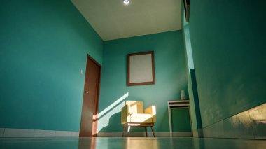 Üç boyutlu güneşli iç döşeme, sarı koltuk ve deniz mavisi duvarlı. Pencere gölgeli minimalist oda, boş çerçeve ve yan masa. Güçlü doğal ışıklandırma ile renkli ev tasarımı kavramı.