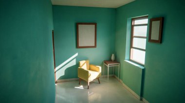 Üç boyutlu güneşli iç döşeme, sarı koltuk ve deniz mavisi duvarlı. Pencere gölgeli minimalist oda, boş çerçeve ve yan masa. Güçlü doğal ışıklandırma ile renkli ev tasarımı kavramı.