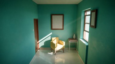 Üç boyutlu güneşli iç döşeme, sarı koltuk ve deniz mavisi duvarlı. Pencere gölgeli minimalist oda, boş çerçeve ve yan masa. Güçlü doğal ışıklandırma ile renkli ev tasarımı kavramı.
