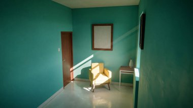 Üç boyutlu güneşli iç döşeme, sarı koltuk ve deniz mavisi duvarlı. Pencere gölgeli minimalist oda, boş çerçeve ve yan masa. Güçlü doğal ışıklandırma ile renkli ev tasarımı kavramı.