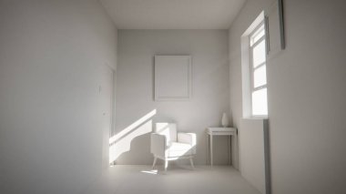 Üç boyutlu güneşli iç döşeme, sarı koltuk ve deniz mavisi duvarlı. Pencere gölgeli minimalist oda, boş çerçeve ve yan masa. Güçlü doğal ışıklandırma ile renkli ev tasarımı kavramı.