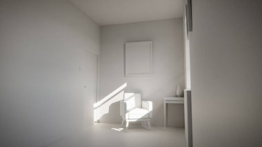 Üç boyutlu güneşli iç döşeme, sarı koltuk ve deniz mavisi duvarlı. Pencere gölgeli minimalist oda, boş çerçeve ve yan masa. Güçlü doğal ışıklandırma ile renkli ev tasarımı kavramı.