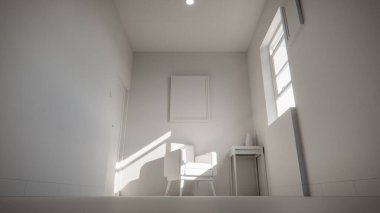 Üç boyutlu güneşli iç döşeme, sarı koltuk ve deniz mavisi duvarlı. Pencere gölgeli minimalist oda, boş çerçeve ve yan masa. Güçlü doğal ışıklandırma ile renkli ev tasarımı kavramı.