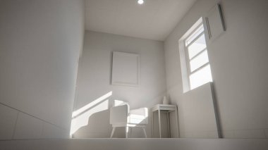Üç boyutlu güneşli iç döşeme, sarı koltuk ve deniz mavisi duvarlı. Pencere gölgeli minimalist oda, boş çerçeve ve yan masa. Güçlü doğal ışıklandırma ile renkli ev tasarımı kavramı.