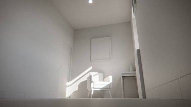 Üç boyutlu güneşli iç döşeme, sarı koltuk ve deniz mavisi duvarlı. Pencere gölgeli minimalist oda, boş çerçeve ve yan masa. Güçlü doğal ışıklandırma ile renkli ev tasarımı kavramı.