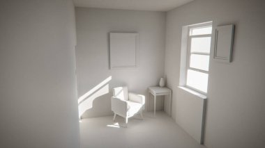 Üç boyutlu güneşli iç döşeme, sarı koltuk ve deniz mavisi duvarlı. Pencere gölgeli minimalist oda, boş çerçeve ve yan masa. Güçlü doğal ışıklandırma ile renkli ev tasarımı kavramı.