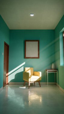 Üç boyutlu güneşli iç döşeme, sarı koltuk ve deniz mavisi duvarlı. Pencere gölgeli minimalist oda, boş çerçeve ve yan masa. Güçlü doğal ışıklandırma ile renkli ev tasarımı kavramı.