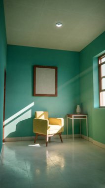 Üç boyutlu güneşli iç döşeme, sarı koltuk ve deniz mavisi duvarlı. Pencere gölgeli minimalist oda, boş çerçeve ve yan masa. Güçlü doğal ışıklandırma ile renkli ev tasarımı kavramı.