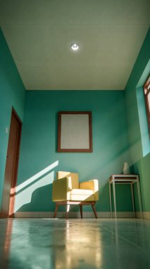 Üç boyutlu güneşli iç döşeme, sarı koltuk ve deniz mavisi duvarlı. Pencere gölgeli minimalist oda, boş çerçeve ve yan masa. Güçlü doğal ışıklandırma ile renkli ev tasarımı kavramı.