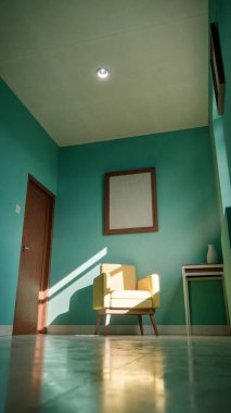 Üç boyutlu güneşli iç döşeme, sarı koltuk ve deniz mavisi duvarlı. Pencere gölgeli minimalist oda, boş çerçeve ve yan masa. Güçlü doğal ışıklandırma ile renkli ev tasarımı kavramı.