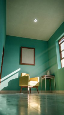 Üç boyutlu güneşli iç döşeme, sarı koltuk ve deniz mavisi duvarlı. Pencere gölgeli minimalist oda, boş çerçeve ve yan masa. Güçlü doğal ışıklandırma ile renkli ev tasarımı kavramı.