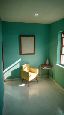 Üç boyutlu güneşli iç döşeme, sarı koltuk ve deniz mavisi duvarlı. Pencere gölgeli minimalist oda, boş çerçeve ve yan masa. Güçlü doğal ışıklandırma ile renkli ev tasarımı kavramı.
