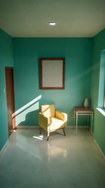 Üç boyutlu güneşli iç döşeme, sarı koltuk ve deniz mavisi duvarlı. Pencere gölgeli minimalist oda, boş çerçeve ve yan masa. Güçlü doğal ışıklandırma ile renkli ev tasarımı kavramı.