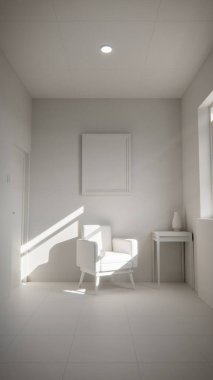 Üç boyutlu güneşli iç döşeme, sarı koltuk ve deniz mavisi duvarlı. Pencere gölgeli minimalist oda, boş çerçeve ve yan masa. Güçlü doğal ışıklandırma ile renkli ev tasarımı kavramı.