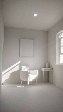 Üç boyutlu güneşli iç döşeme, sarı koltuk ve deniz mavisi duvarlı. Pencere gölgeli minimalist oda, boş çerçeve ve yan masa. Güçlü doğal ışıklandırma ile renkli ev tasarımı kavramı.