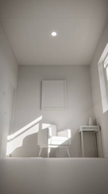 Üç boyutlu güneşli iç döşeme, sarı koltuk ve deniz mavisi duvarlı. Pencere gölgeli minimalist oda, boş çerçeve ve yan masa. Güçlü doğal ışıklandırma ile renkli ev tasarımı kavramı.