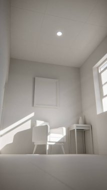 Üç boyutlu güneşli iç döşeme, sarı koltuk ve deniz mavisi duvarlı. Pencere gölgeli minimalist oda, boş çerçeve ve yan masa. Güçlü doğal ışıklandırma ile renkli ev tasarımı kavramı.