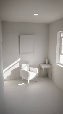 Üç boyutlu güneşli iç döşeme, sarı koltuk ve deniz mavisi duvarlı. Pencere gölgeli minimalist oda, boş çerçeve ve yan masa. Güçlü doğal ışıklandırma ile renkli ev tasarımı kavramı.