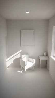 Üç boyutlu güneşli iç döşeme, sarı koltuk ve deniz mavisi duvarlı. Pencere gölgeli minimalist oda, boş çerçeve ve yan masa. Güçlü doğal ışıklandırma ile renkli ev tasarımı kavramı.