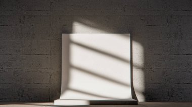 Kıvrımlı beyaz arka planı ve dramatik gölgeleri olan minimalist 3D stüdyo. Ürün gösterimi, markalaşma modelleri ve modern tasarım sunumları için ideal.