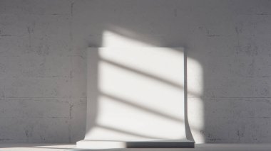 Kıvrımlı beyaz arka planı ve beton dokusuyla en az üç boyutlu sahne. Ürün gösterimi, markalaşma ve modern tasarım modellemeleri için ideal doğal ışık ve gölge oyunu.