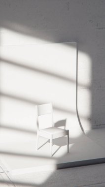 Minimalist 3D stüdyo, eğimli arka planı ve beton duvarı olan beyaz sandalyeli. Ürün gösterimi, markalaşması ve çarpıcı doğal ışık ve gölgelerle modern tasarım için ideal..