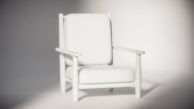 Minimalist ışıklandırmada bej yastıklı modern ahşap koltuk. Mobilya tasarımı, ürün gösterimi ve iç görselleştirme için ideal üç boyutlu tasarım ve mimari modelleme.