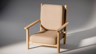 Minimalist ışıklandırmada bej yastıklı modern ahşap koltuk. Mobilya tasarımı, ürün gösterimi ve iç görselleştirme için ideal üç boyutlu tasarım ve mimari modelleme.