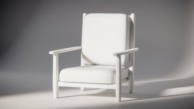 Minimalist ışıklandırmada bej yastıklı modern ahşap koltuk. Mobilya tasarımı, ürün gösterimi ve iç görselleştirme için ideal üç boyutlu tasarım ve mimari modelleme.