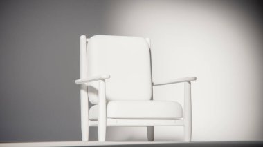 Minimalist ışıklandırmada bej yastıklı modern ahşap koltuk. Mobilya tasarımı, ürün gösterimi ve iç görselleştirme için ideal üç boyutlu tasarım ve mimari modelleme.