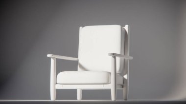 Minimalist ışıklandırmada bej yastıklı modern ahşap koltuk. Mobilya tasarımı, ürün gösterimi ve iç görselleştirme için ideal üç boyutlu tasarım ve mimari modelleme.