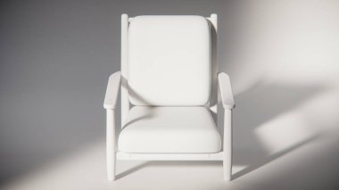 Minimalist ışıklandırmada bej yastıklı modern ahşap koltuk. Mobilya tasarımı, ürün gösterimi ve iç görselleştirme için ideal üç boyutlu tasarım ve mimari modelleme.