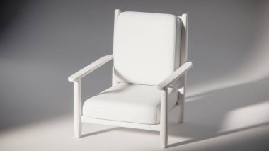 Minimalist ışıklandırmada bej yastıklı modern ahşap koltuk. Mobilya tasarımı, ürün gösterimi ve iç görselleştirme için ideal üç boyutlu tasarım ve mimari modelleme.