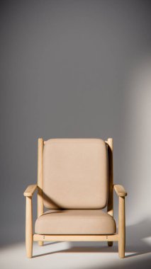 Minimalist ışıklandırmada bej yastıklı modern ahşap koltuk. Mobilya tasarımı, ürün gösterimi ve iç görselleştirme için ideal üç boyutlu tasarım ve mimari modelleme.