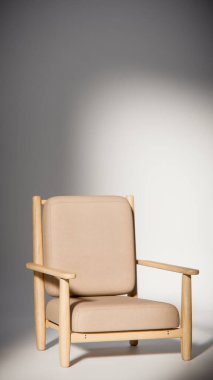 Minimalist ışıklandırmada bej yastıklı modern ahşap koltuk. Mobilya tasarımı, ürün gösterimi ve iç görselleştirme için ideal üç boyutlu tasarım ve mimari modelleme.