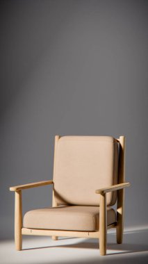 Minimalist ışıklandırmada bej yastıklı modern ahşap koltuk. Mobilya tasarımı, ürün gösterimi ve iç görselleştirme için ideal üç boyutlu tasarım ve mimari modelleme.