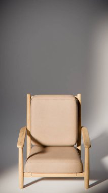 Minimalist ışıklandırmada bej yastıklı modern ahşap koltuk. Mobilya tasarımı, ürün gösterimi ve iç görselleştirme için ideal üç boyutlu tasarım ve mimari modelleme.
