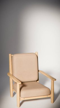 Minimalist ışıklandırmada bej yastıklı modern ahşap koltuk. Mobilya tasarımı, ürün gösterimi ve iç görselleştirme için ideal üç boyutlu tasarım ve mimari modelleme.