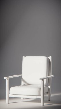 Minimalist ışıklandırmada bej yastıklı modern ahşap koltuk. Mobilya tasarımı, ürün gösterimi ve iç görselleştirme için ideal üç boyutlu tasarım ve mimari modelleme.