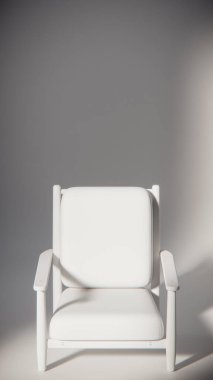 Minimalist ışıklandırmada bej yastıklı modern ahşap koltuk. Mobilya tasarımı, ürün gösterimi ve iç görselleştirme için ideal üç boyutlu tasarım ve mimari modelleme.