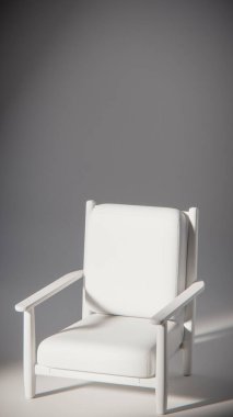 Minimalist ışıklandırmada bej yastıklı modern ahşap koltuk. Mobilya tasarımı, ürün gösterimi ve iç görselleştirme için ideal üç boyutlu tasarım ve mimari modelleme.